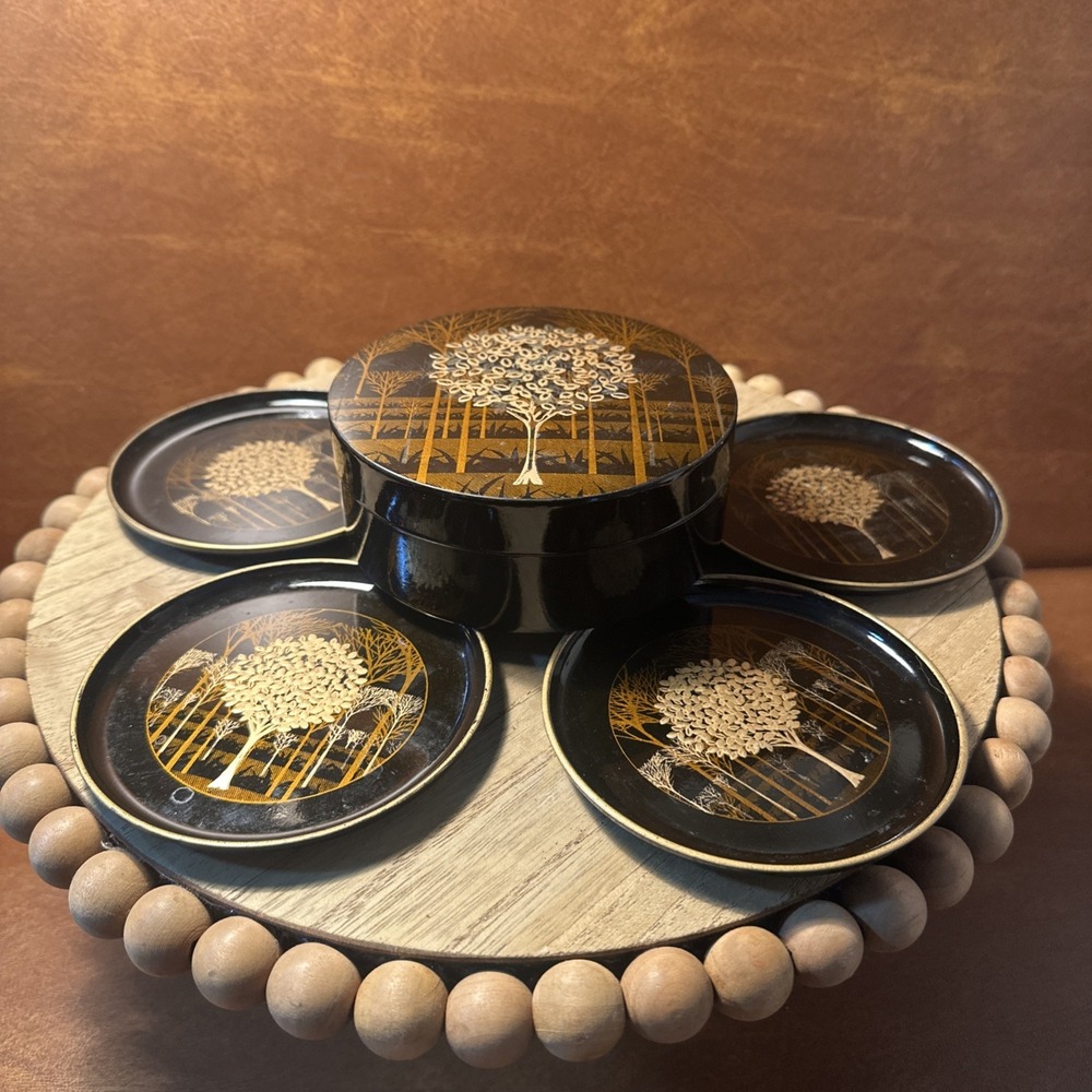 Set 5 of Otagiri Japan Black Lacquer Metallic Gold Tree Trays and Trinket Box